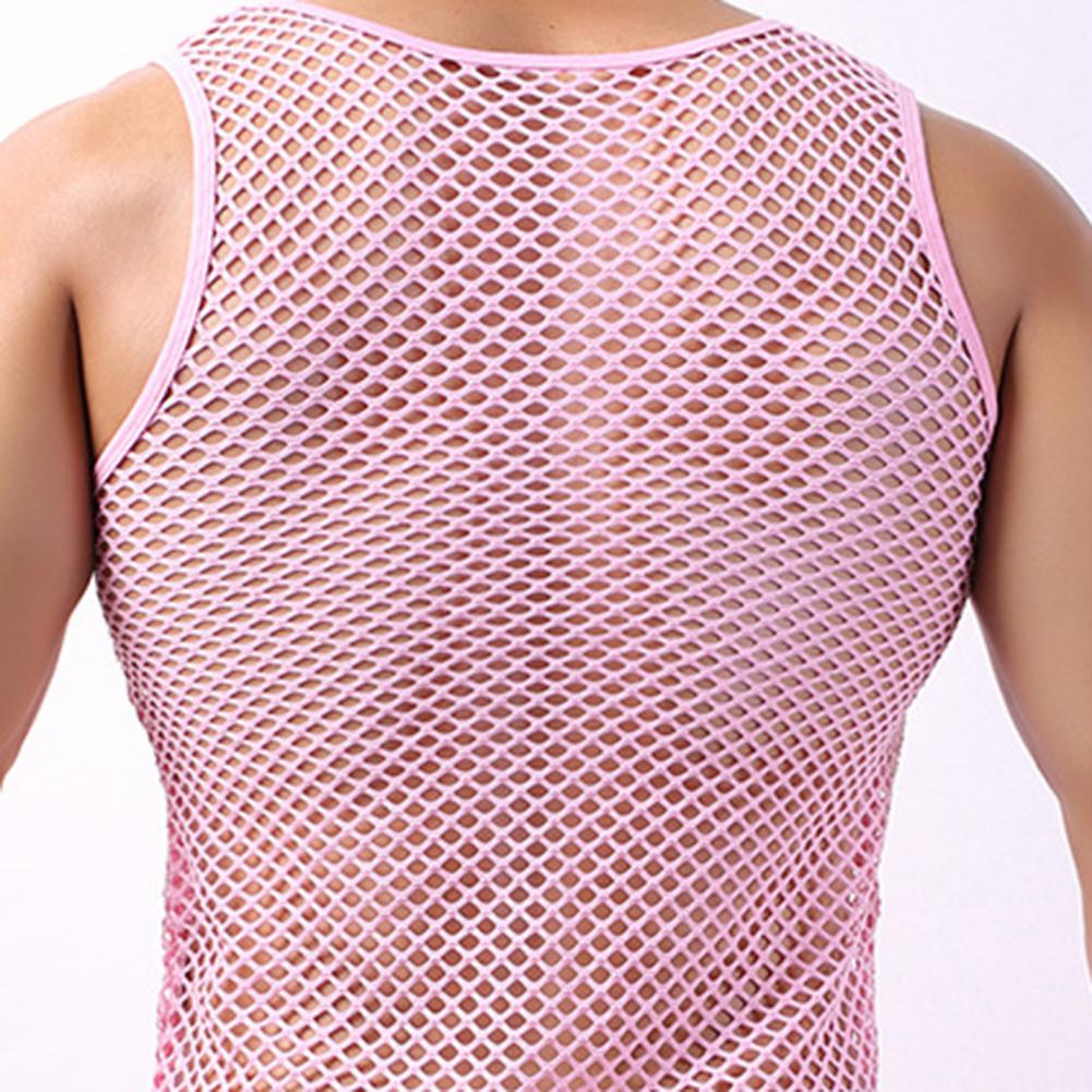 Pink sheer mesh long sleeve vest with round neck and diamond fishnet pattern