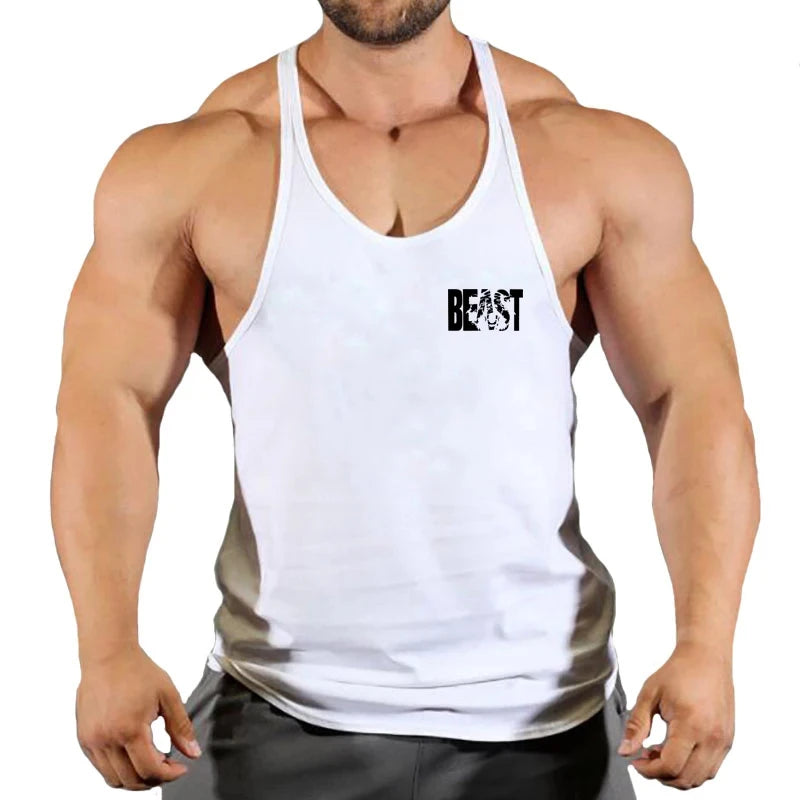 Gym stringer singlet, white, deep scoop neck and thin straps with BEAST chest print