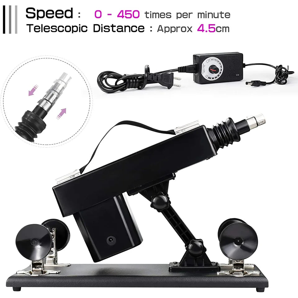 Automatic thrusting sex machine with side controls and telescopic drive rod