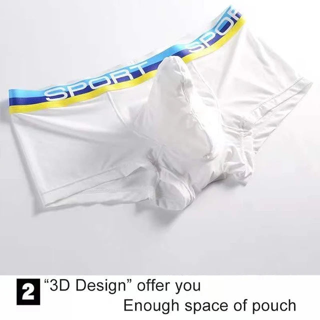 White ice silk brief with striped waistband, contoured pouch front