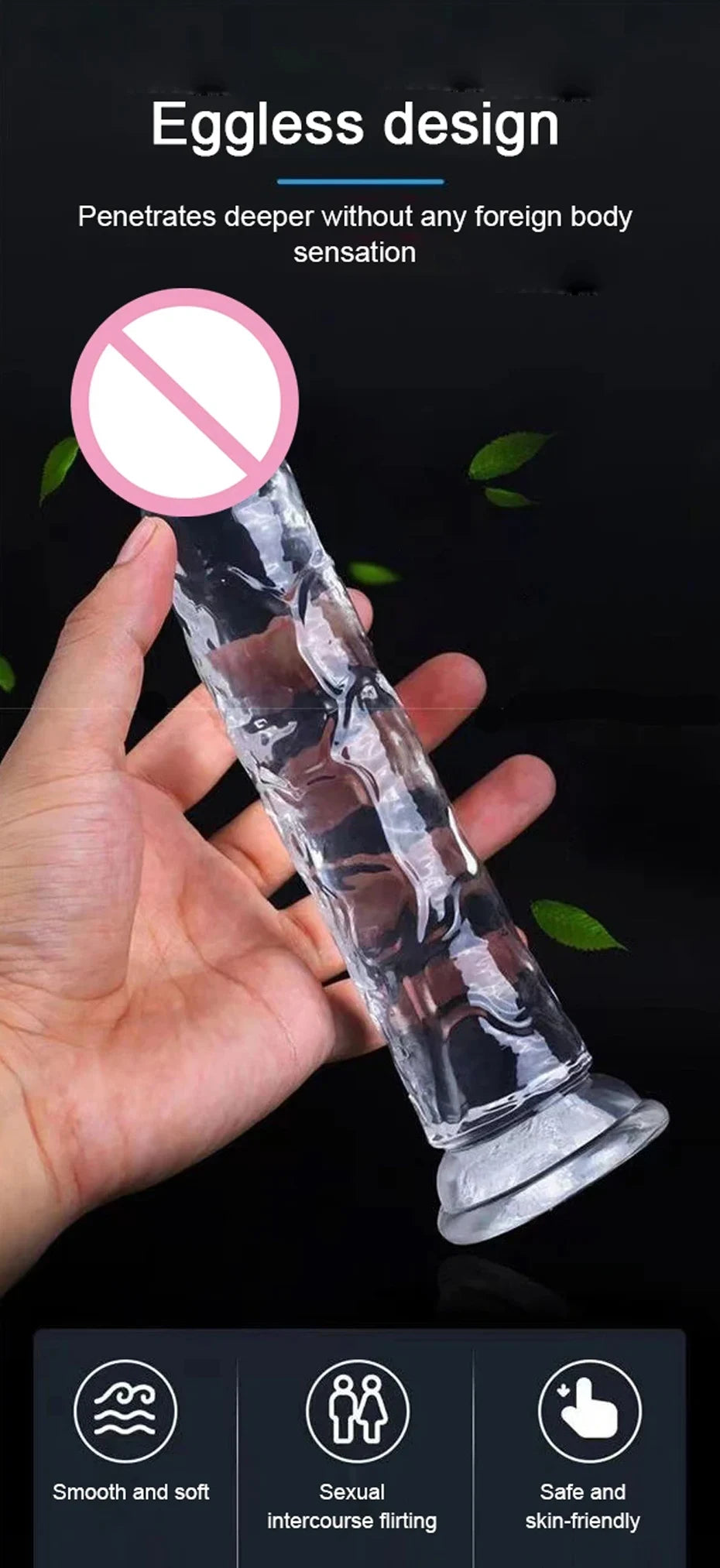 Realistic jelly dildo with suction cup, clear dark body and round base in hand