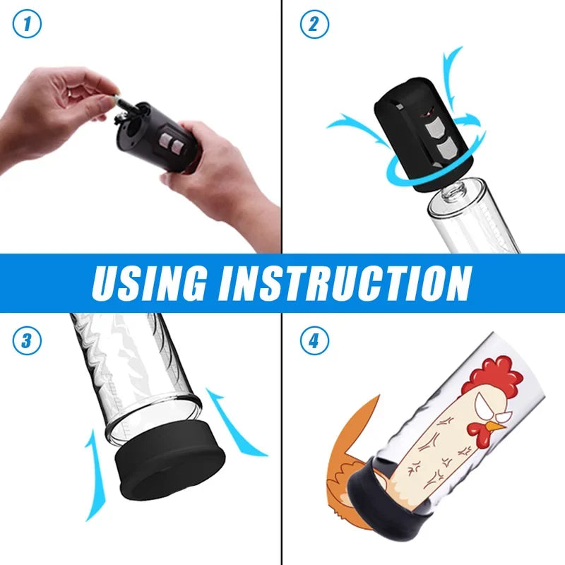 Electric suction pump usage steps showing attachment and suction