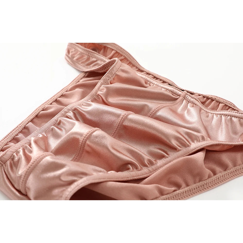Champagne satin silky brief, ruched front, stretchy waistband, close view