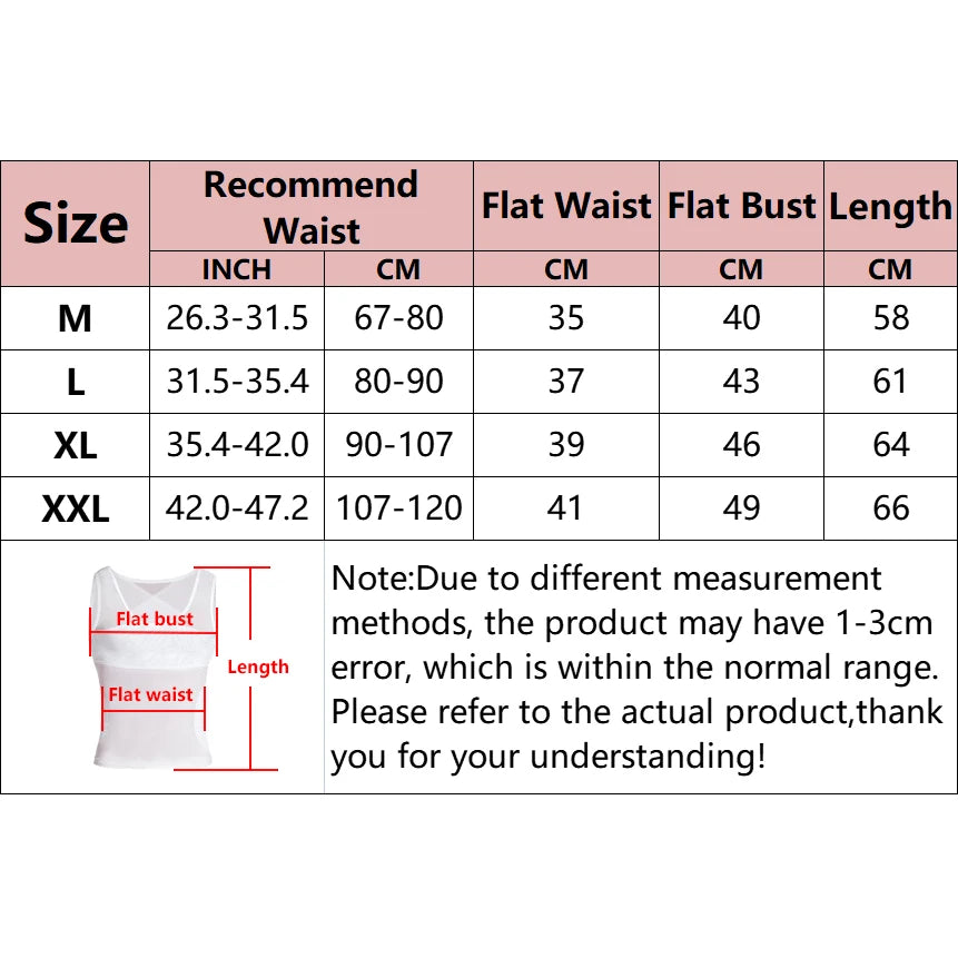 Size chart for compression vest: waist, flat waist, flat bust, length (M-XXL)