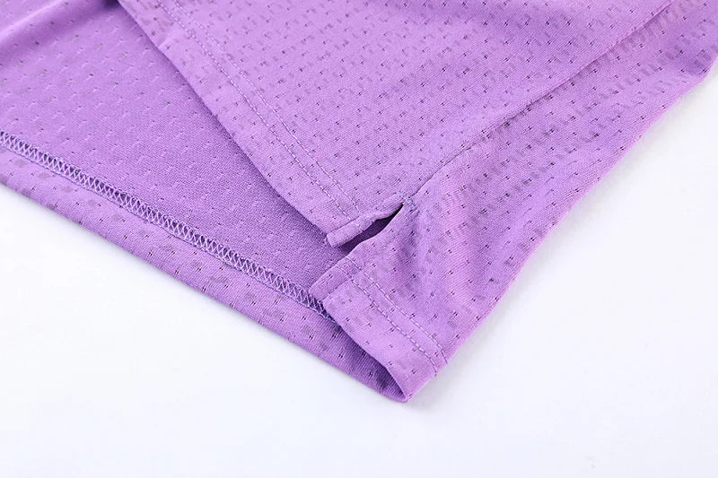 Purple gym vest tank top hem and side seam stitching