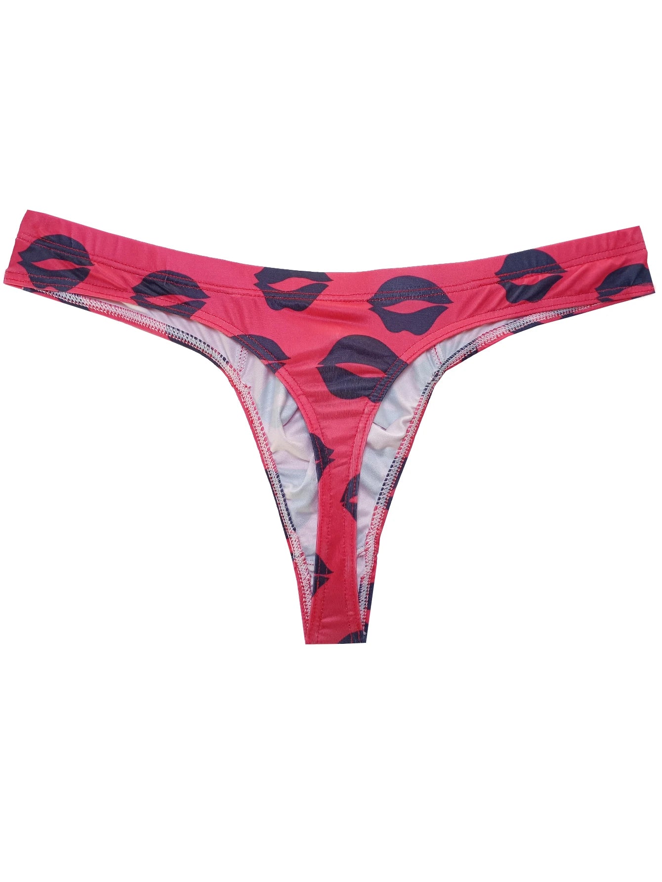 Red low-rise thong with lips/mouth print, thin waistband