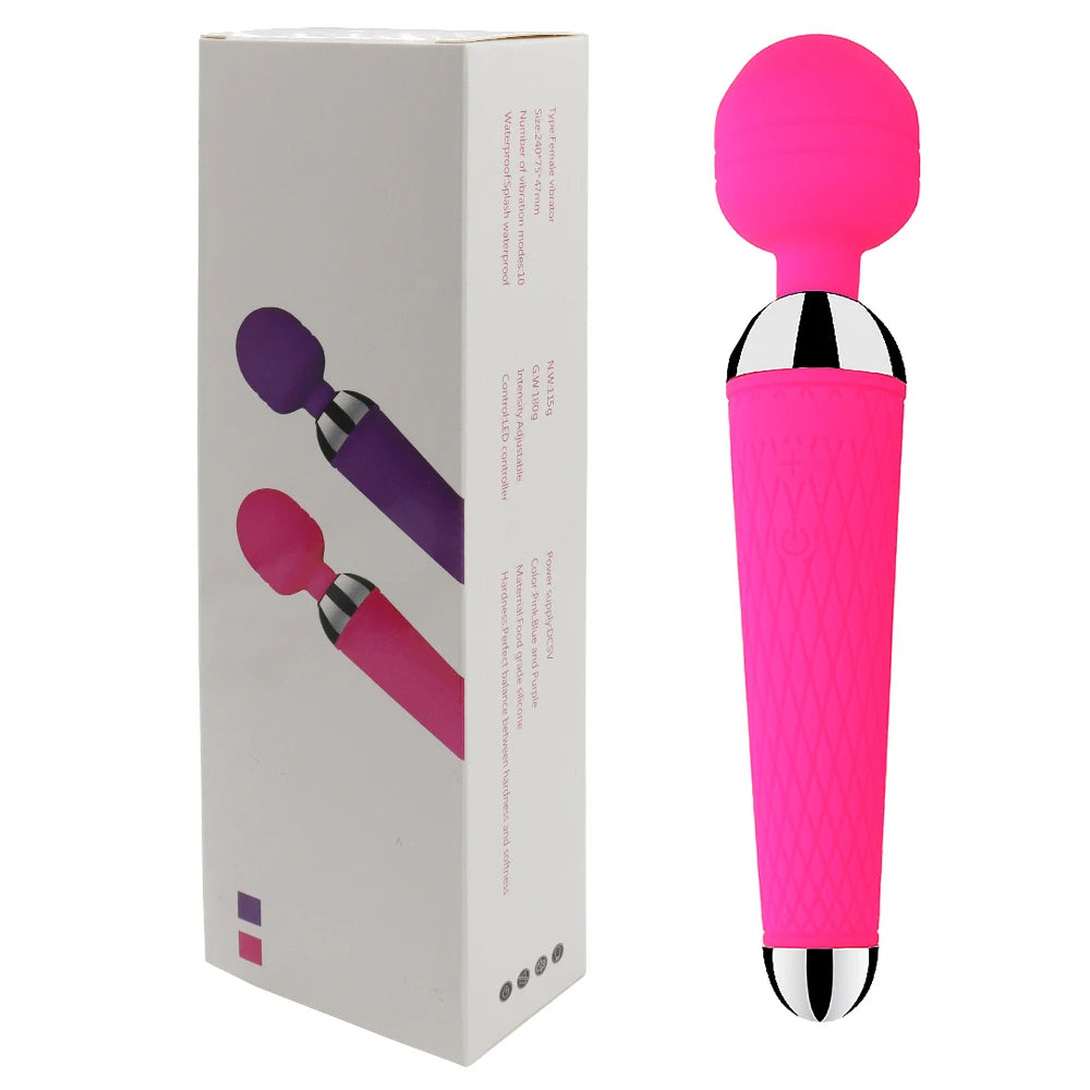 Rechargeable magic wand vibrator in bright pink with textured handle and round head