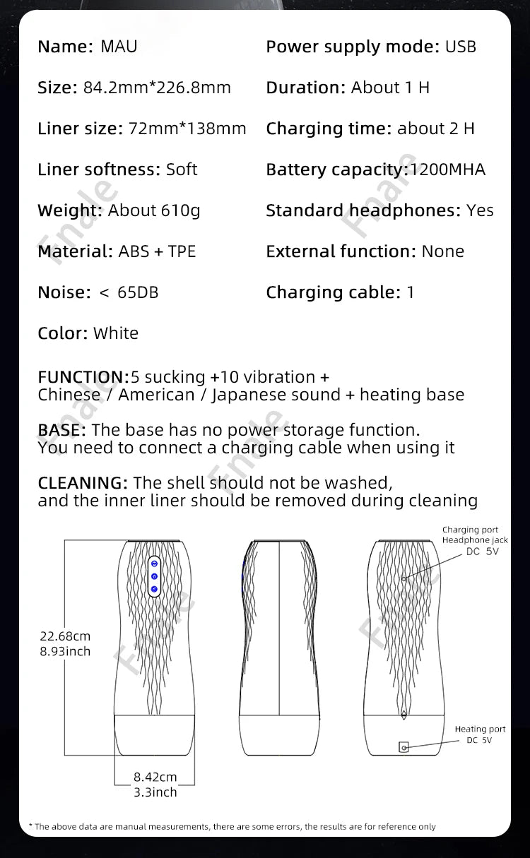 White automatic masturbator cup diagram with dimensions and control panel buttons