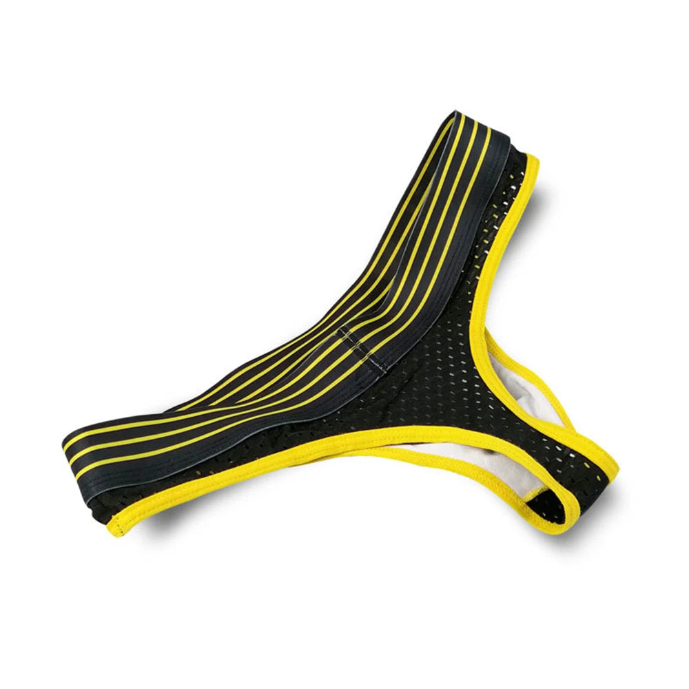 Black letter print U-pouch mesh brief with yellow striped waistband and yellow trim