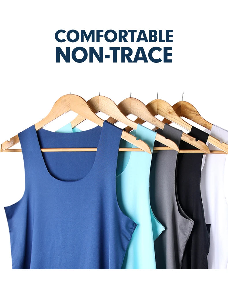 Seamless fitness vests on wooden hangers in blue, gray, black, and white