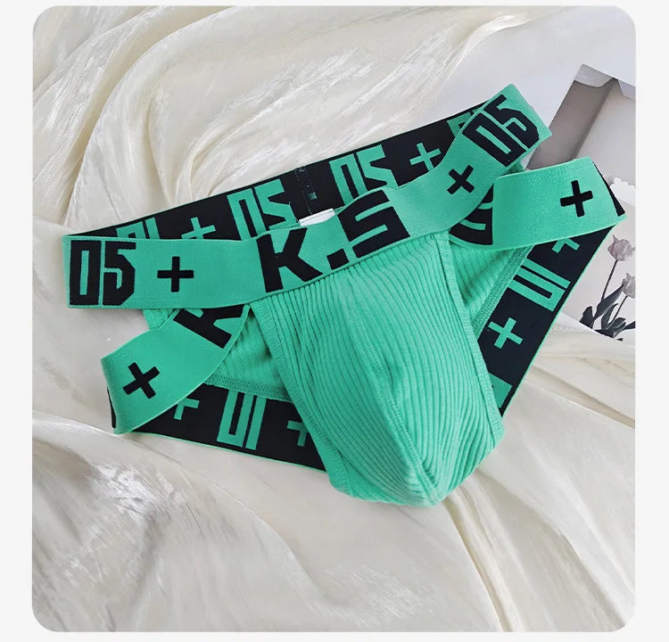 Mint green ribbed brief with black + logo waistband and leg band
