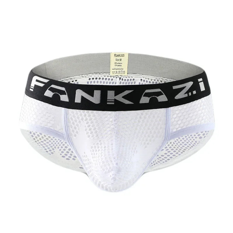 Breathable everyday brief, white mesh with elastic logo waistband, front view