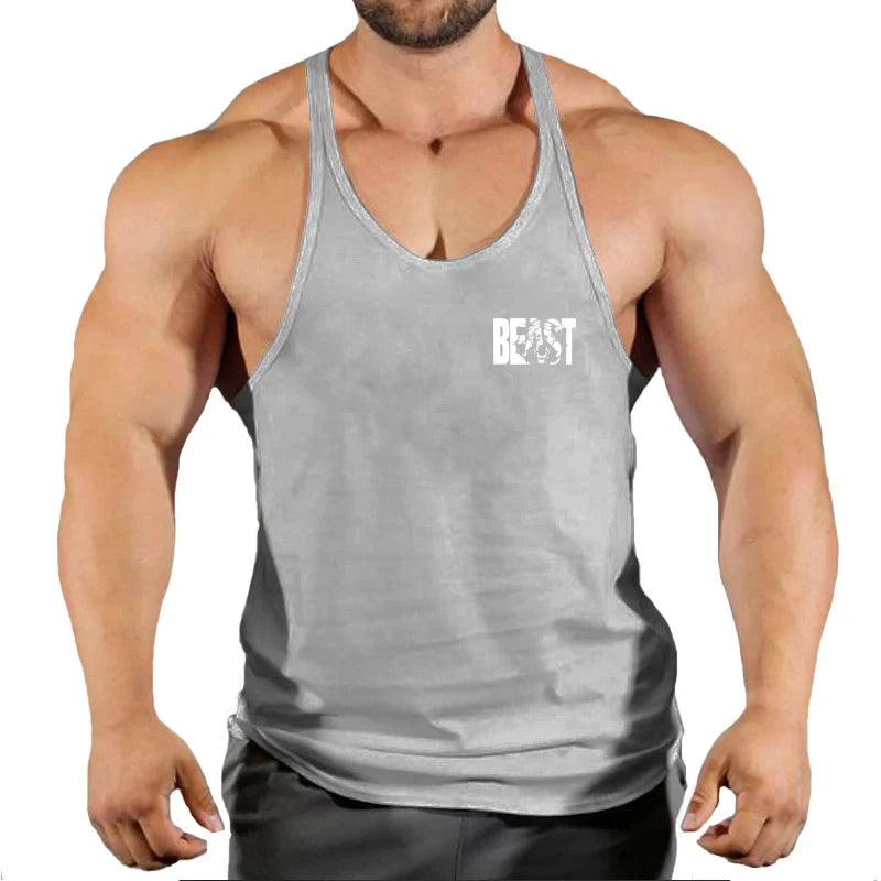 Gym stringer singlet, gray, deep scoop neck and thin straps with BEAST chest print