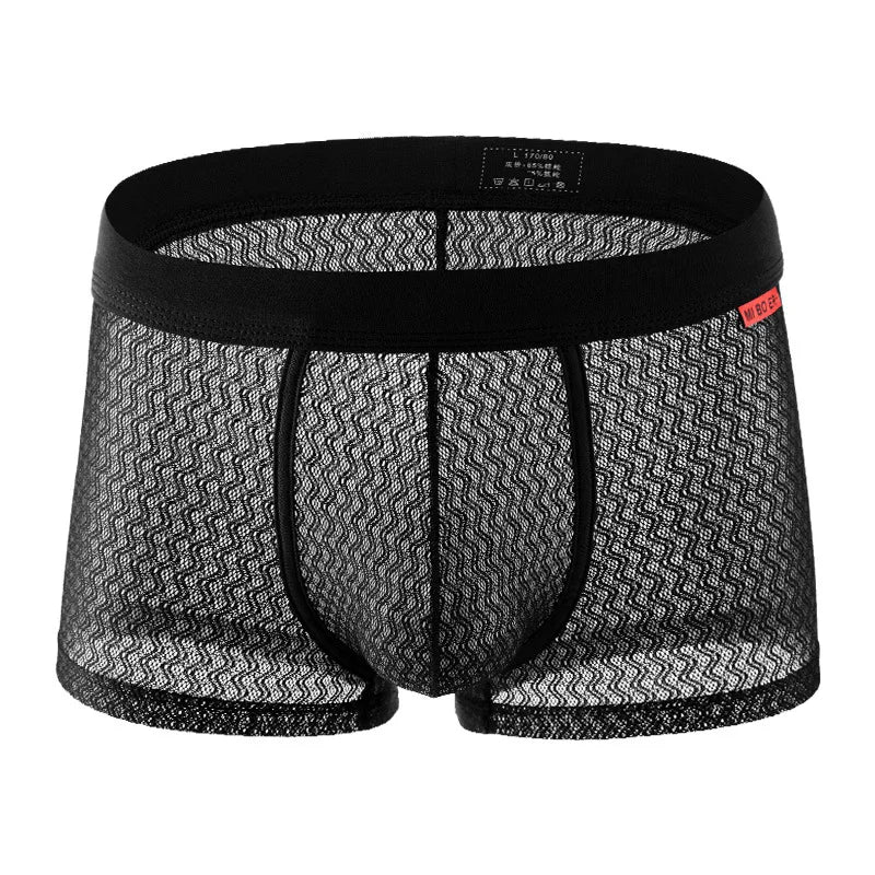 Black seamless boxer brief with wave-textured fabric and wide elastic waistband, front.