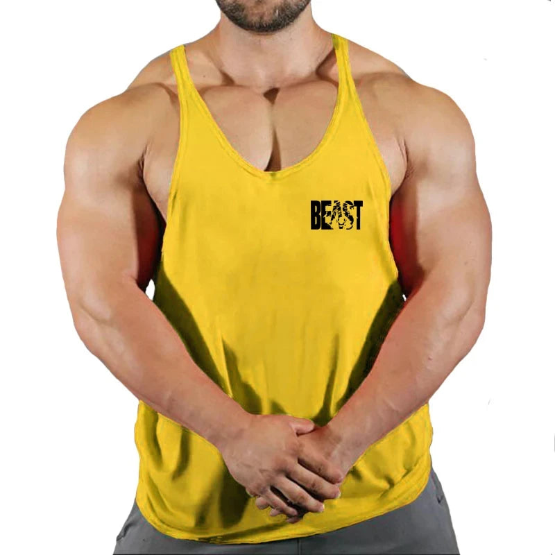 Men's gym stringer singlet vest, yellow racerback tank with BEAST logo