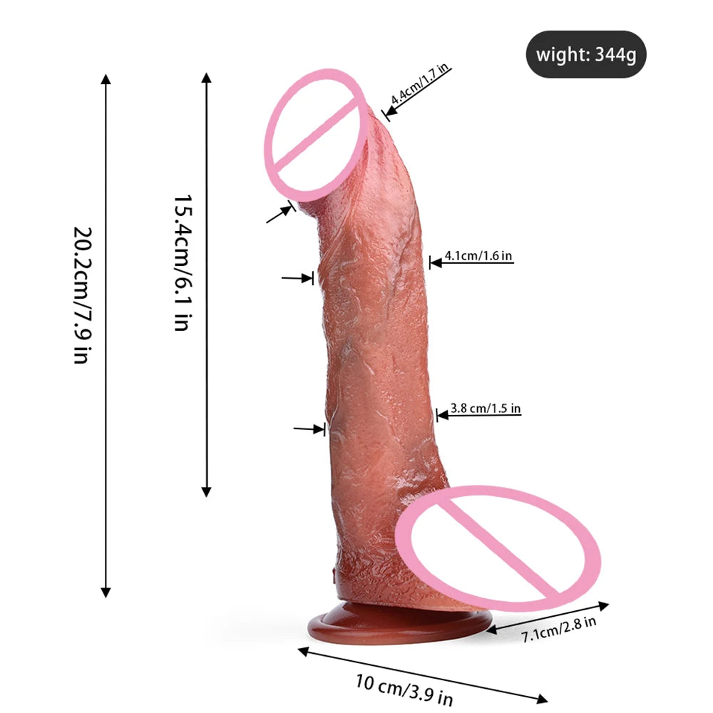 Pink-red double-layer silicone dildo with suction base, upright tapered body and wide base