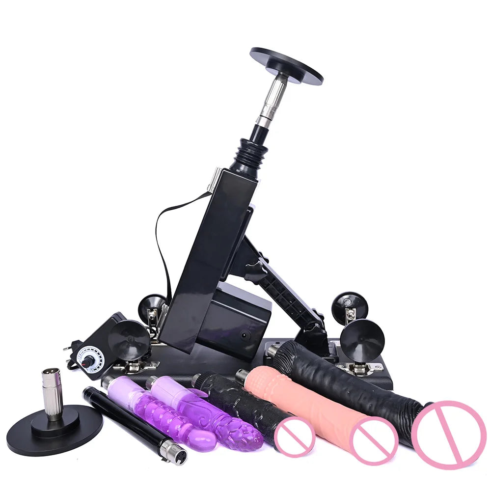 Automatic thrusting sex machine with peach and purple dildos, black handlebars and feet