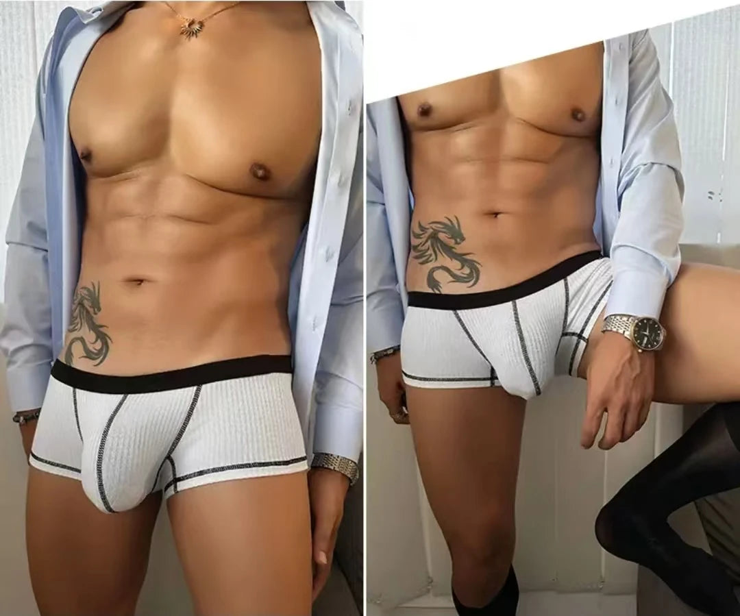 White ribbed boxer shorts with wide black waistband and contrast trim, large front pouch
