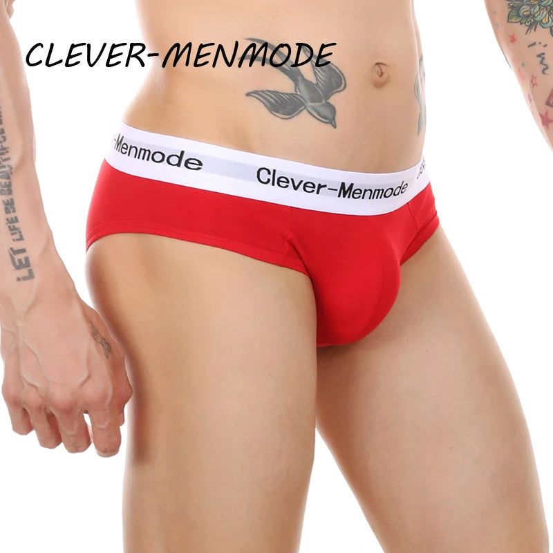Red open-back cotton brief with white logo waistband, side profile