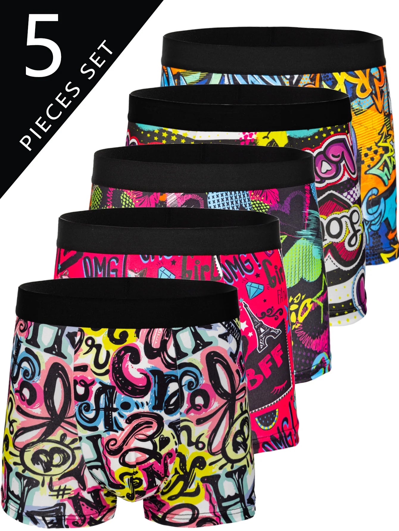 Five-pack of multicolor printed boxer shorts with black waistbands, stacked front views