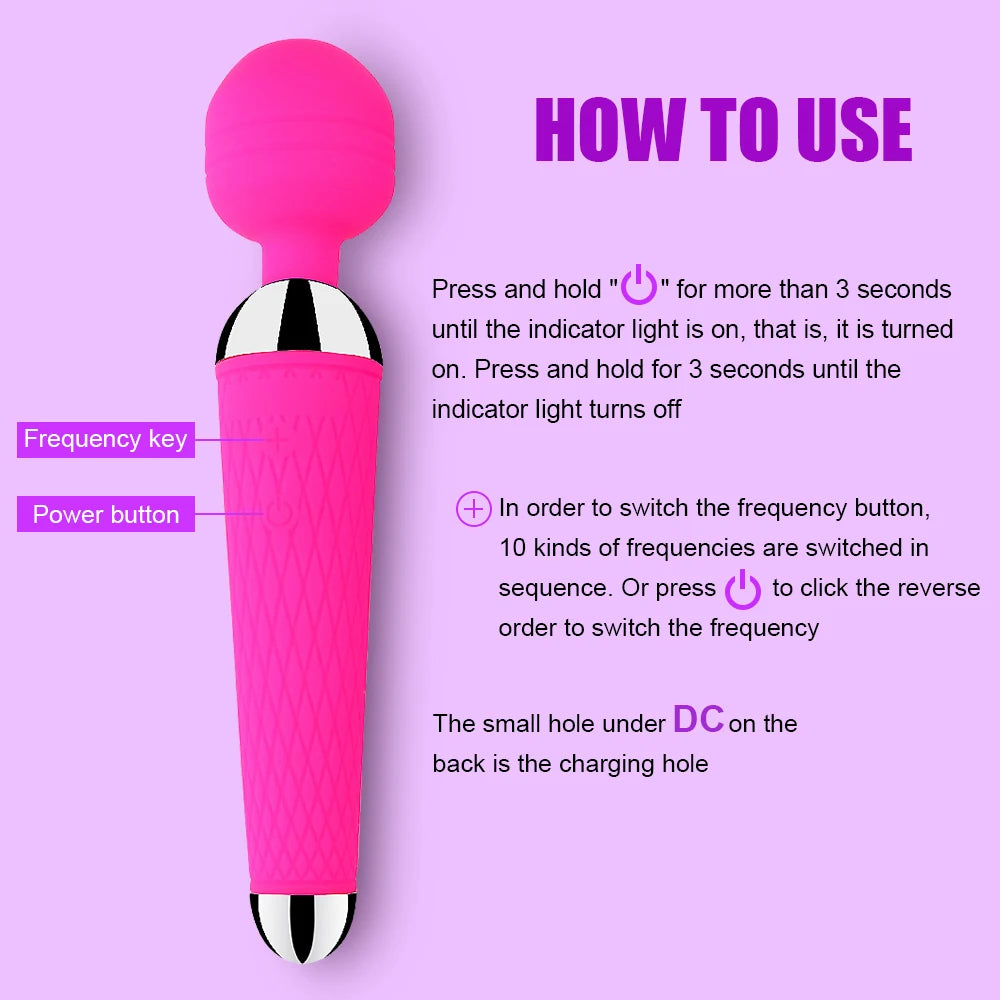 Pink rechargeable magic wand vibrator with top indicator and charging port on back