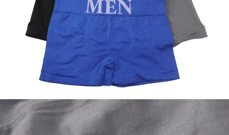 Blue stretch boxer briefs, front view with logo waistband and contoured pouch