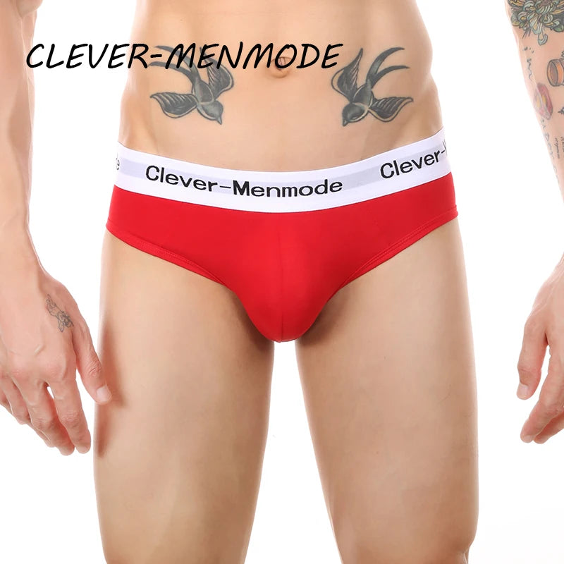 Red open-back cotton brief with white logo waistband, front view