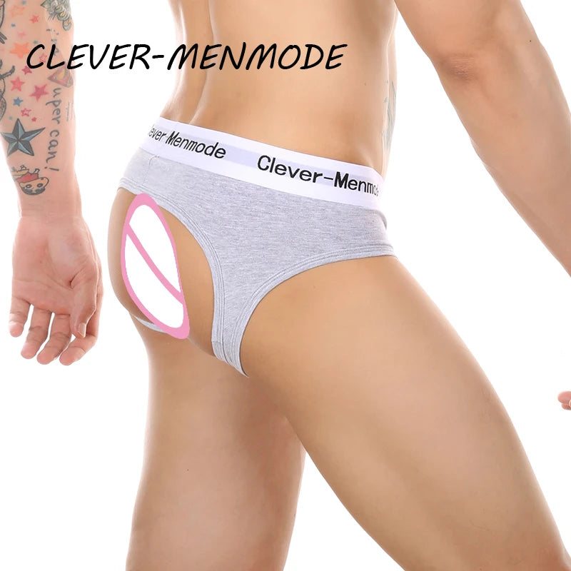 Gray open-back cotton brief with oval back opening and white logo waistband