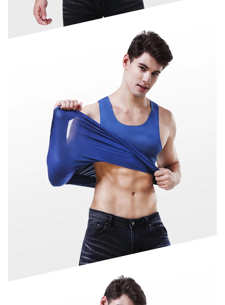 Men's seamless fitness vest, blue, sleeveless scoop neck on model