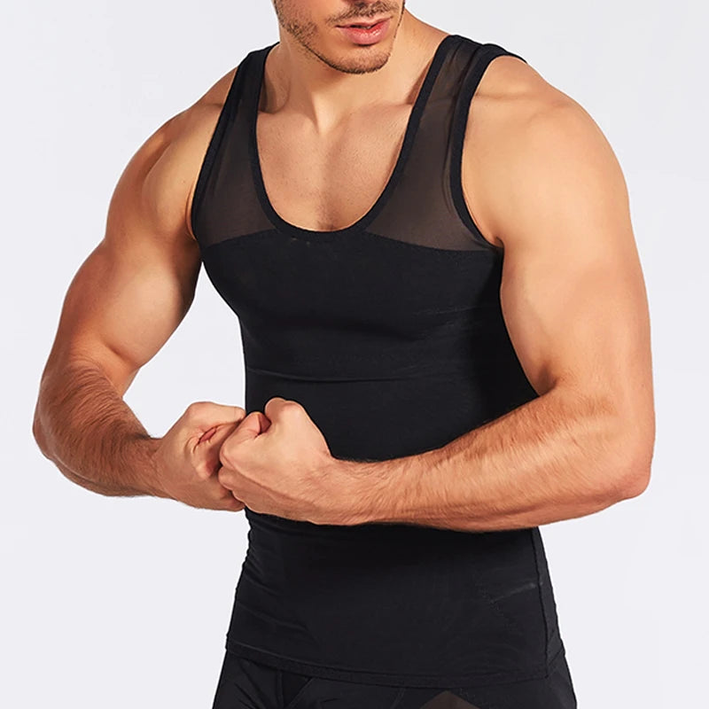 Black compression vest with hands adjusting front hem, sleeveless racerback
