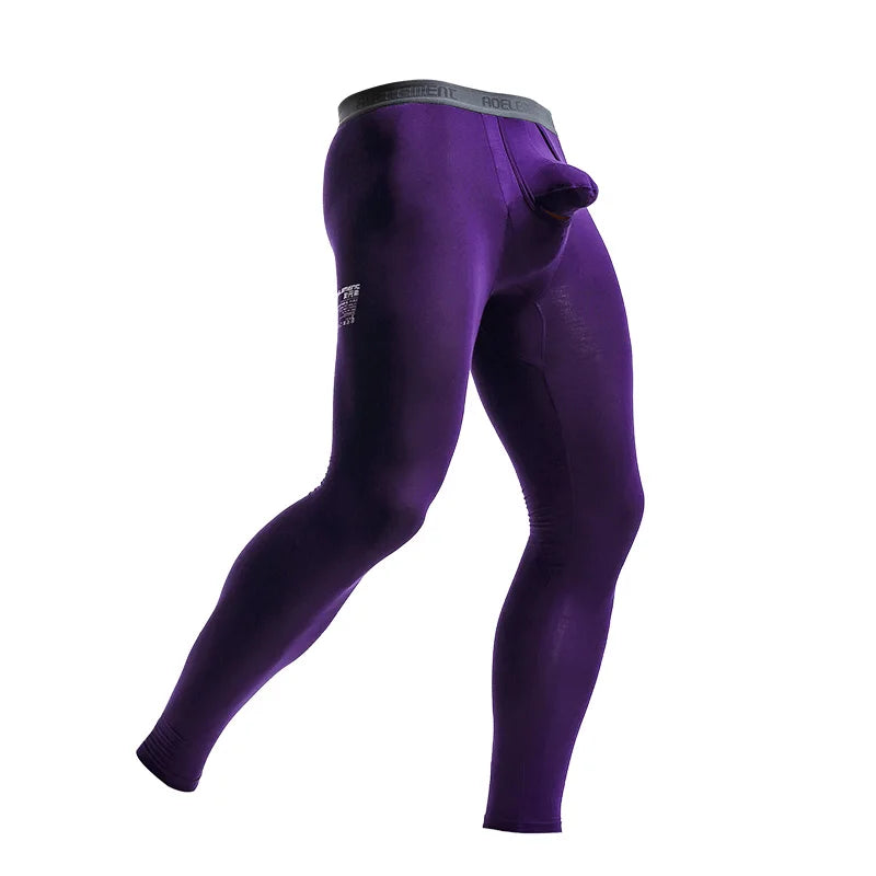 Purple thermal base layer pants, snug fit with elastic cuffs and wide waistband