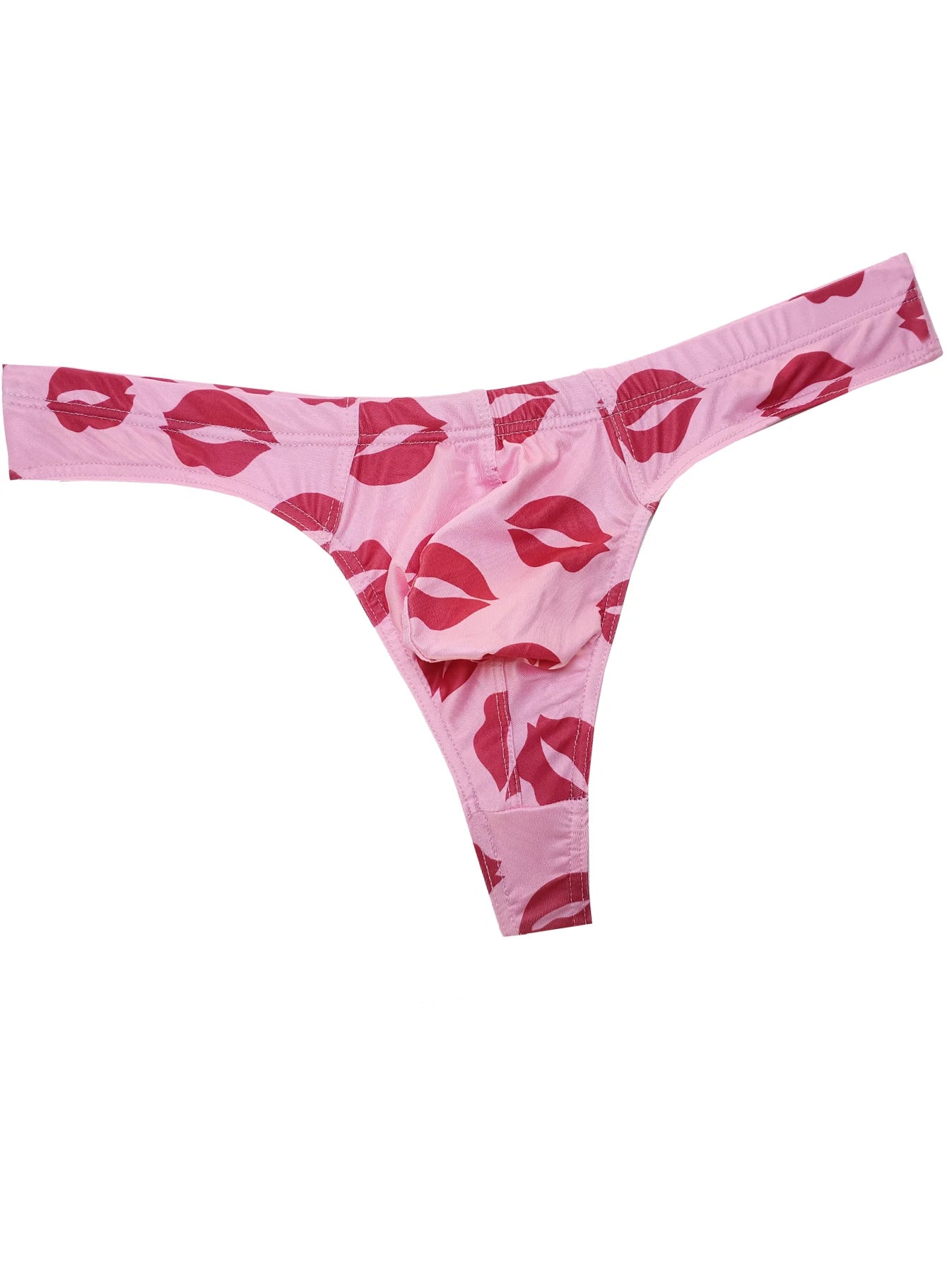 Pink low-rise thong with lip print, elastic waistband