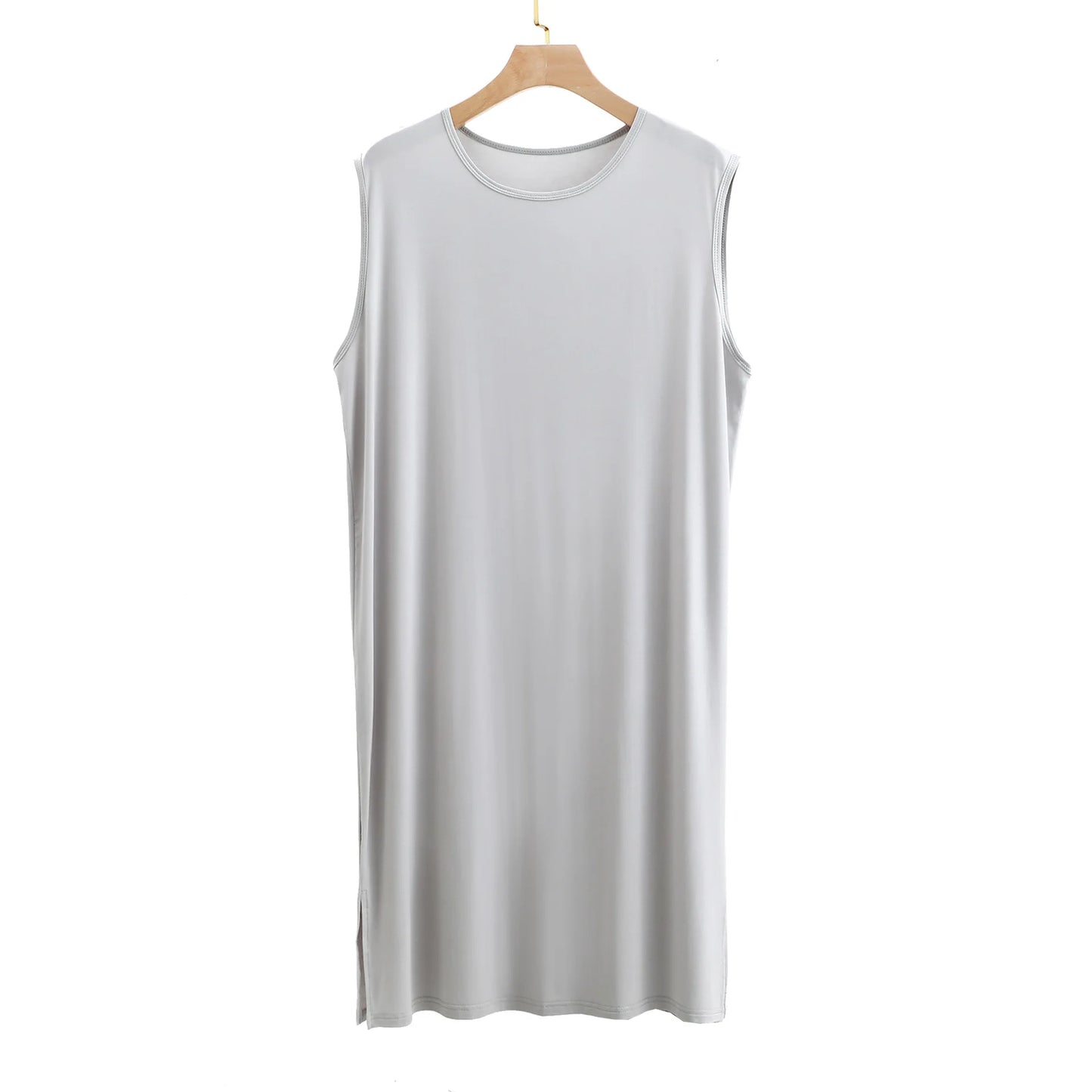 Sleeveless sleepwear vest dress in light gray on a wooden hanger