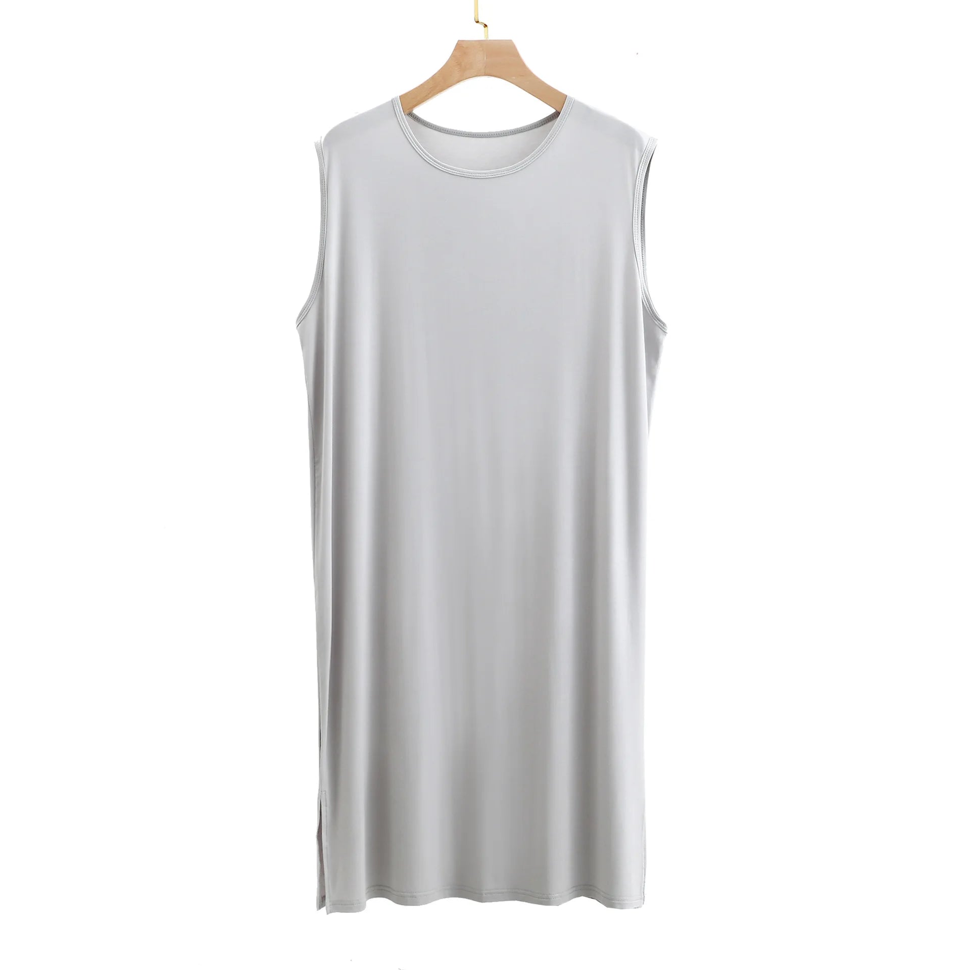 Sleeveless sleepwear vest dress in light gray on a wooden hanger