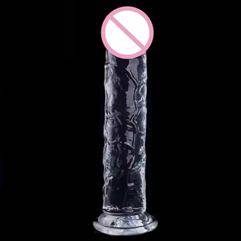 Realistic jelly dildo with suction cup, dark clear body and round base