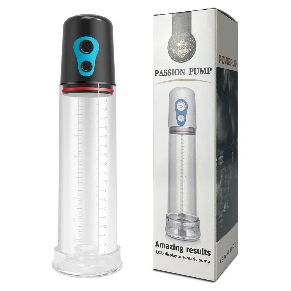 Black-and-blue electric penis pump with clear cylinder and measurement scale