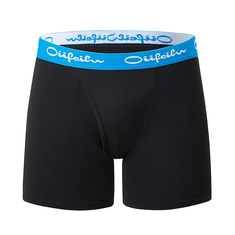 Black boxer briefs with blue logo waistband, front view