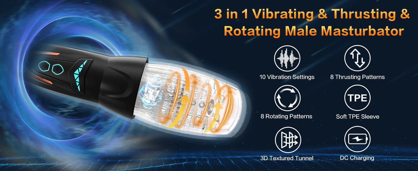 Black rotating masturbator cup with clear tunnel and icon indicators for vibration and rotation