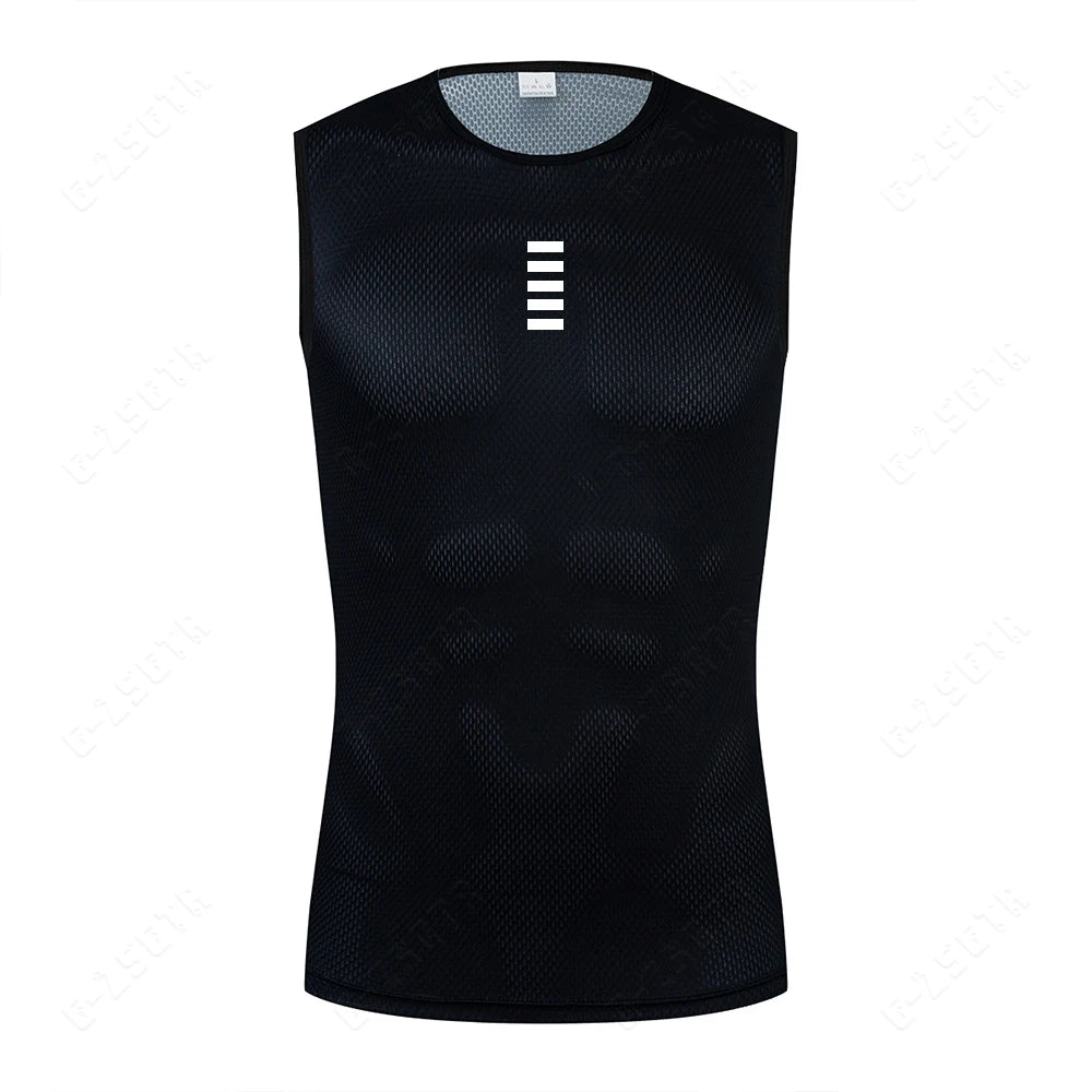 Black sleeveless cycling base layer vest with reflective vertical bars on chest