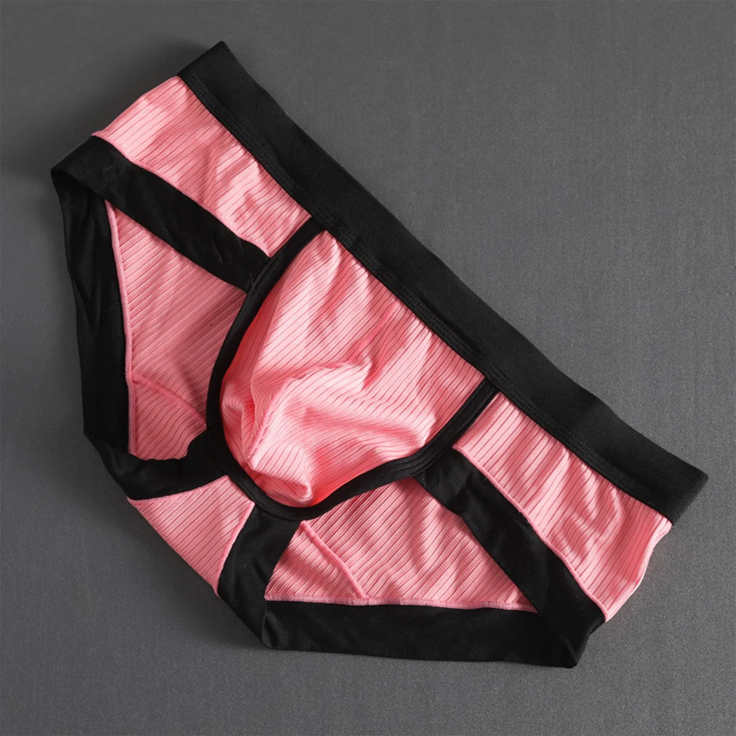 Pink-and-black striped U-pouch low-rise brief with black waistband