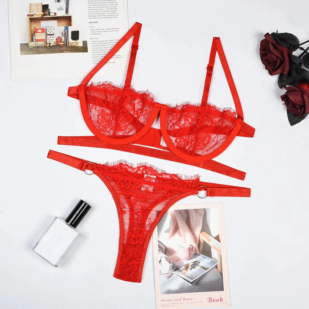 Embroidered lace push-up bra and brief set, red lace lingerie set with garter straps