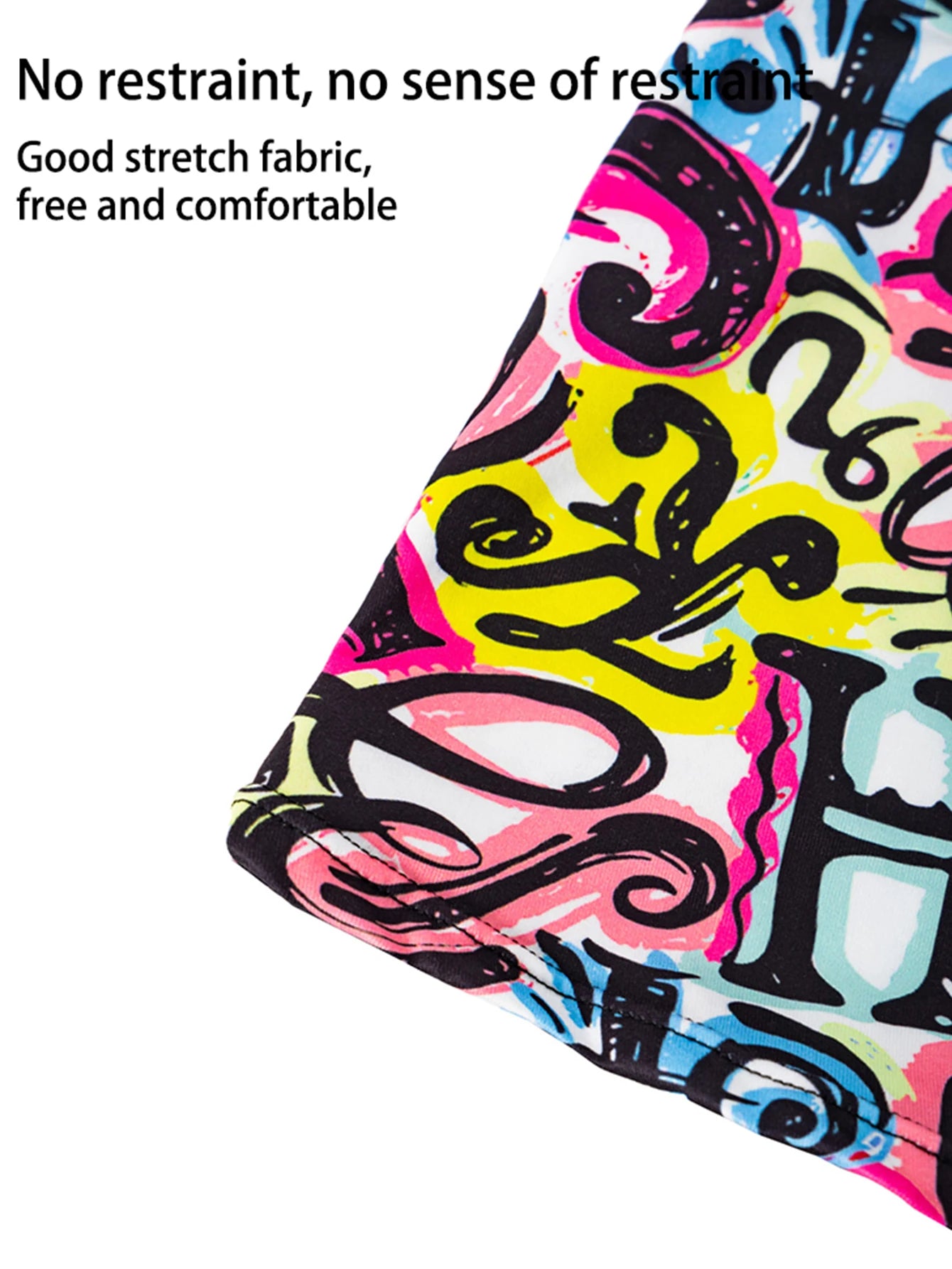 Black-trim boxer shorts with colorful graffiti print fabric close-up