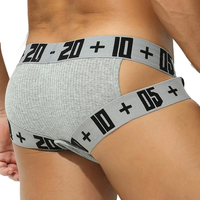 Gray ribbed brief with black + logo waistband and leg band