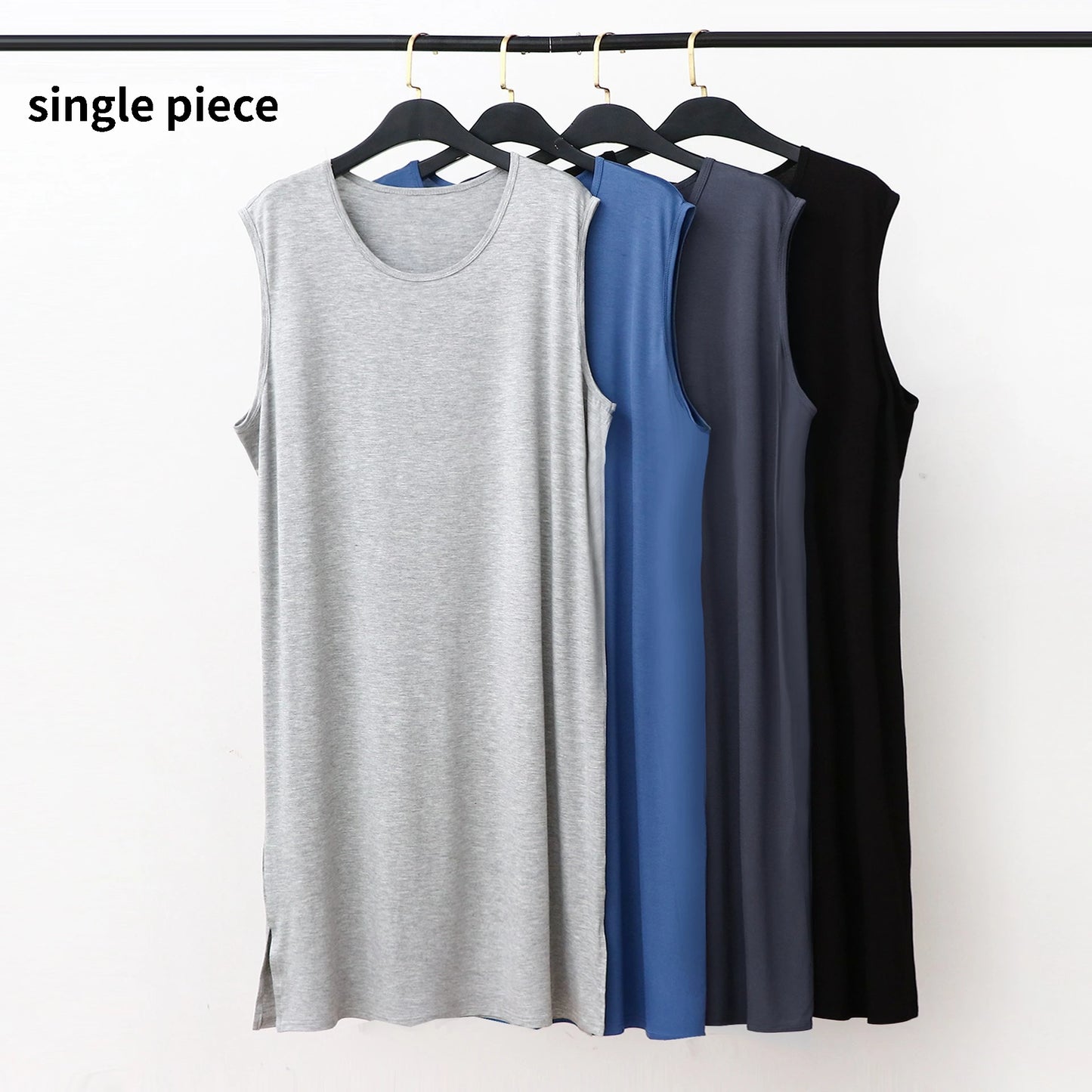 Sleeveless sleepwear vest dress in light gray and blue shades on hangers