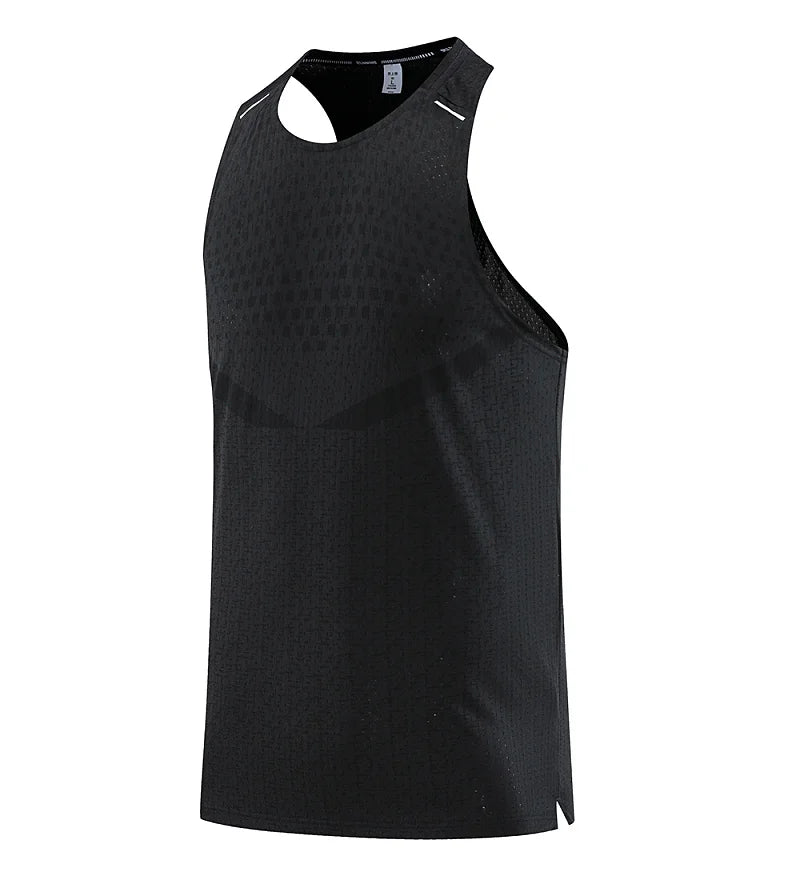 Black mesh gym vest tank with round cutout neckline and diagonal side seam detail