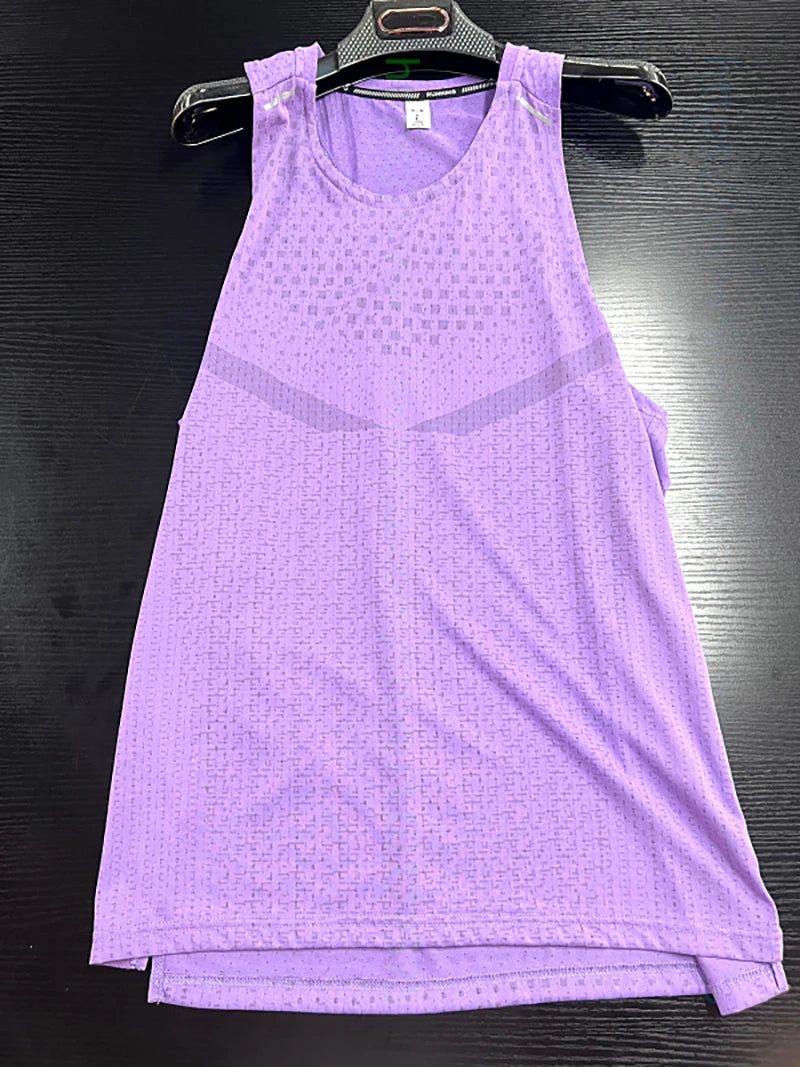 Men's breathable mesh gym vest tank, purple, sleeveless with round neckline