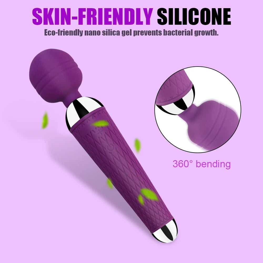 Rechargeable magic wand vibrator in dark purple with textured handle and round head