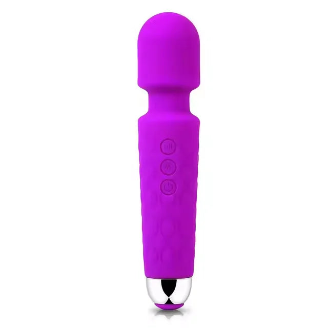 Purple G-spot magic wand vibrator with ribbed grip and three-button control