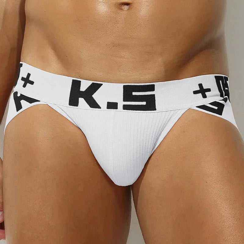 Classic stretch brief, white fabric with white waistband and black K.E. lettering