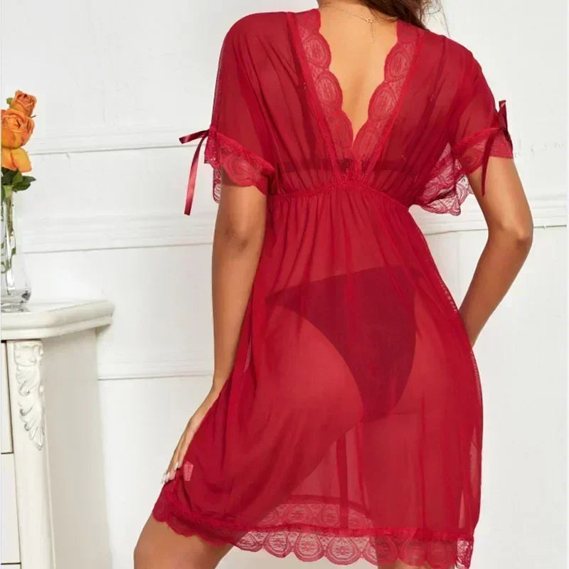 Deep red deep-V lace slip nightdress with ribbon sleeves and scalloped hem
